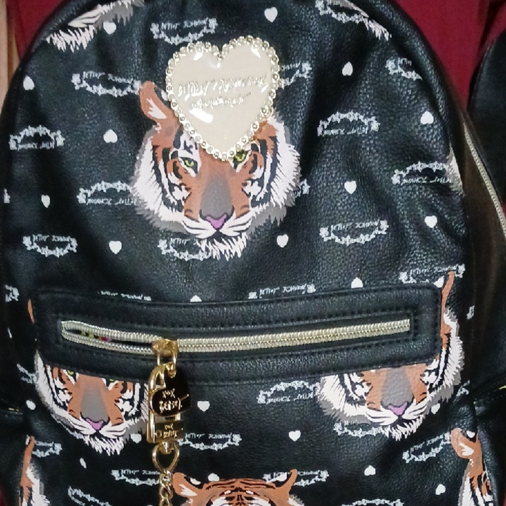 Betsey Johnson Black Tiger Print Faux Leather Backpack with Pom Pom - Picture 2 of 9